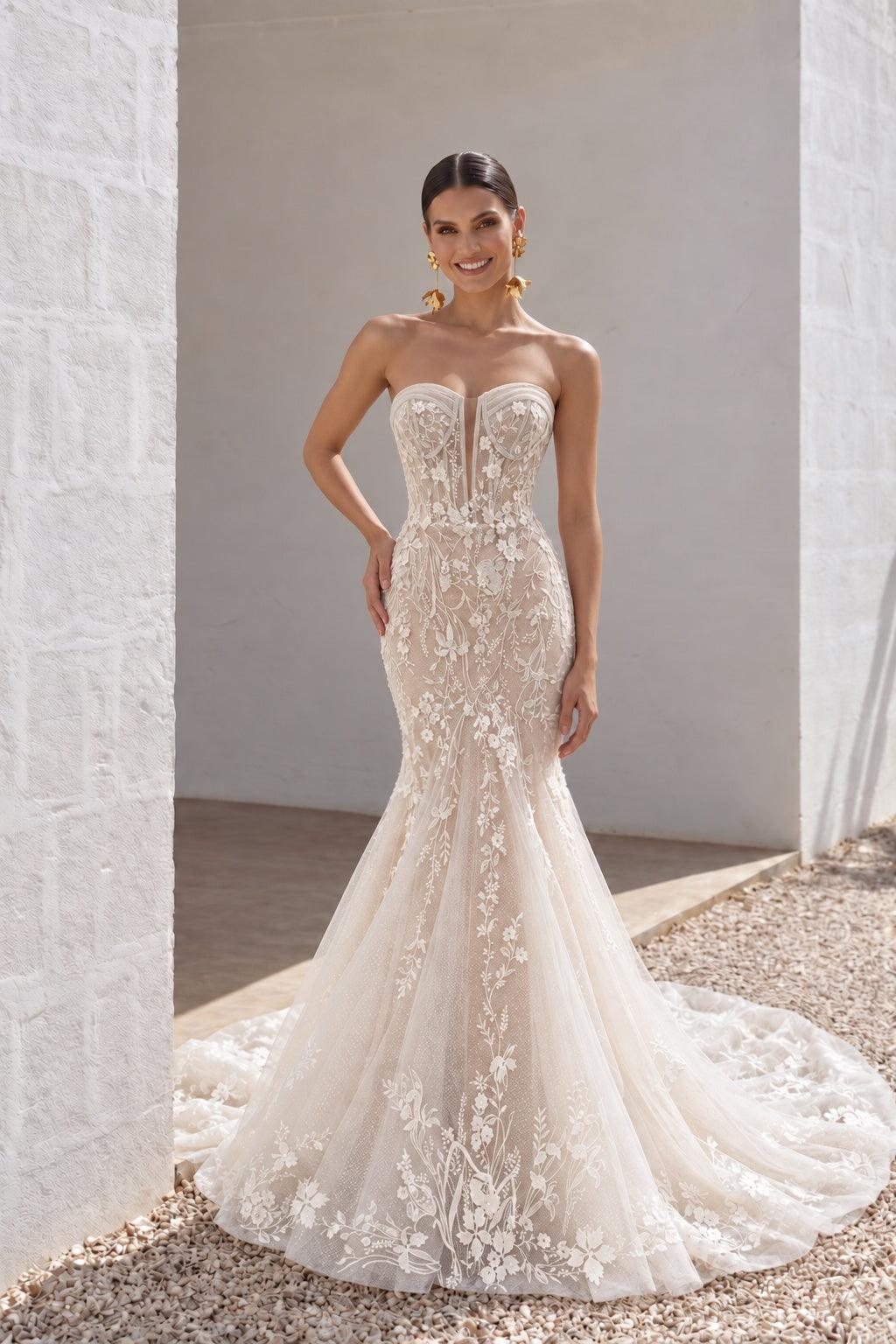 Trumpet-Mermaid Court Train Lace Tulle Wedding Dress CW2999 - 45 Days / As Picture:Ivory/Nude / US0-UK2-EUR30 - COCOMELODY